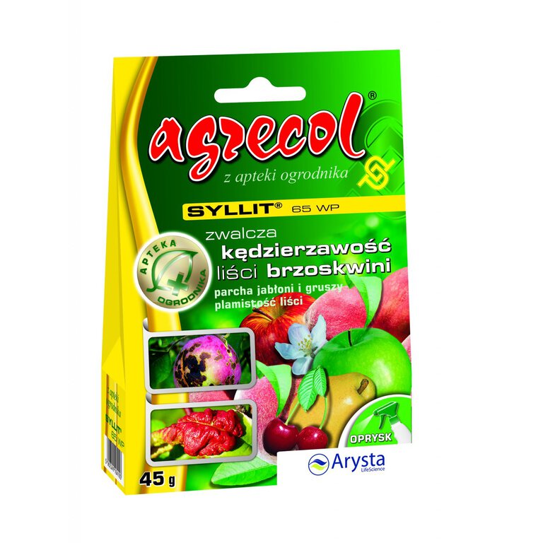 Agecol Syllit 65 WP zwalcza kędzierzawość liści brzoskwini, parcha jabłoni i gruszy oraz plamistość liści 45g (1)